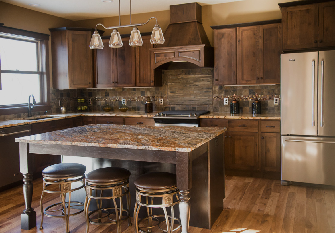 Great Northern Cabinetry java on rustic hickory kitchen with ebony island